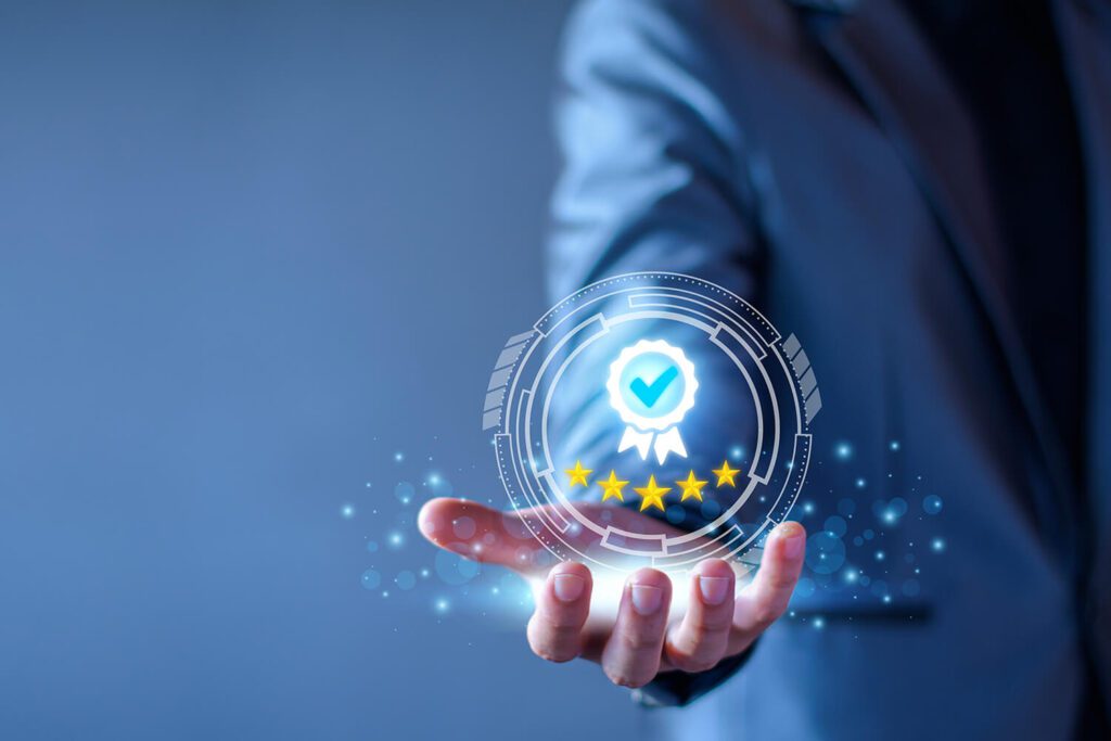 Quality Assurance Concept. Business people show high quality assurance mark, good service, premium, five stars, premium service assurance, excellence service, high quality, business excellence.