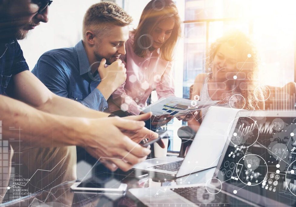 Global Strategy Connection Data Virtual Icon Innovation Graph Interface.Business Team Coworker World Sharing Economy Laptop Report Screen.People Working Planning Startup,Group Young Man Women Meeting